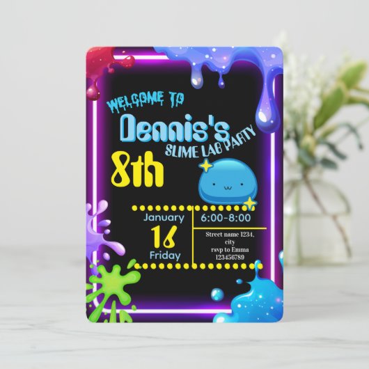 Neon Drip Slime Birthday Party Invitation Kids 招待状 (スタンド正面)