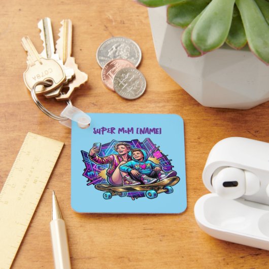 Neon Drive Keychain: Mother & Son Skate Gift キーホルダー (デスク)