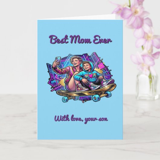 Neon Drive Mother’s Day Card: Cool Mom & Son Art カード (蘭)