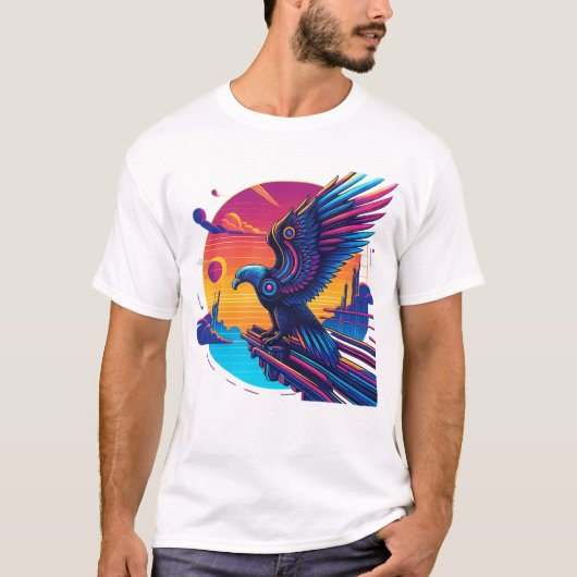 Neon Eagle Synthwave Retro Sunset Cyber Art T-Shir Tシャツ (正面)