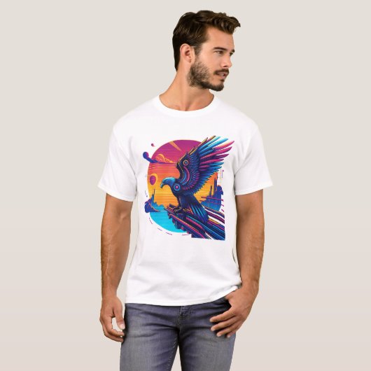 Neon Eagle Synthwave Retro Sunset Cyber Art T-Shir Tシャツ (正面フル)