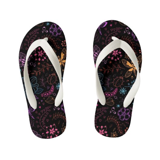 Neon Floral Butterfly Flip Flops キッズビーチサンダル (フットベッド)