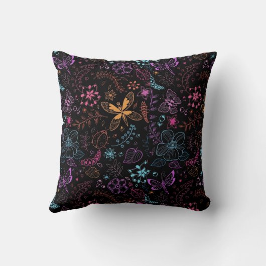 Neon Floral Butterfly Throw Pillow クッション (裏面)