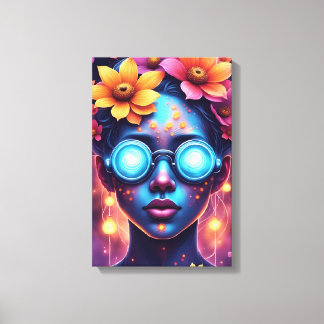 Neon Flower Goddess – Futuristic Fantasy Portrait キャンバスプリント