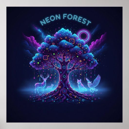 Neon Forest – Glowing Tree & Luminous Animals Post ポスター (正面)