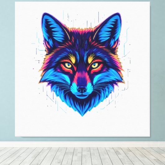 Neon Fox Face – Vibrant Glowing Design キャンバスプリント (インサイチュ (ウッドフロア))