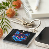 Neon Fox Face – Vibrant Glowing Design キーホルダー (正面右)