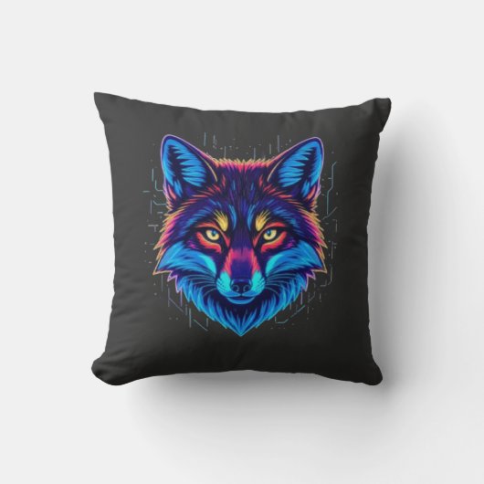 Neon Fox Face – Vibrant Glowing Design クッション (正面)