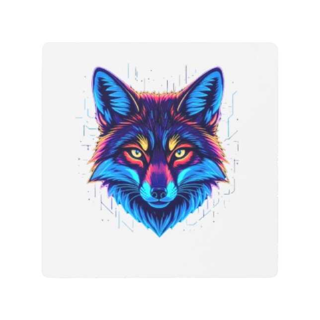 Neon Fox Face – Vibrant Glowing Design メタルプリント (正面)
