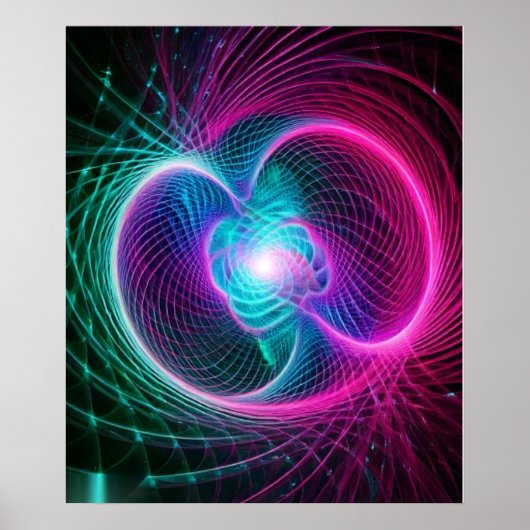 Neon Fractal Swirl Lines Abstract Pattern ポスター (正面)