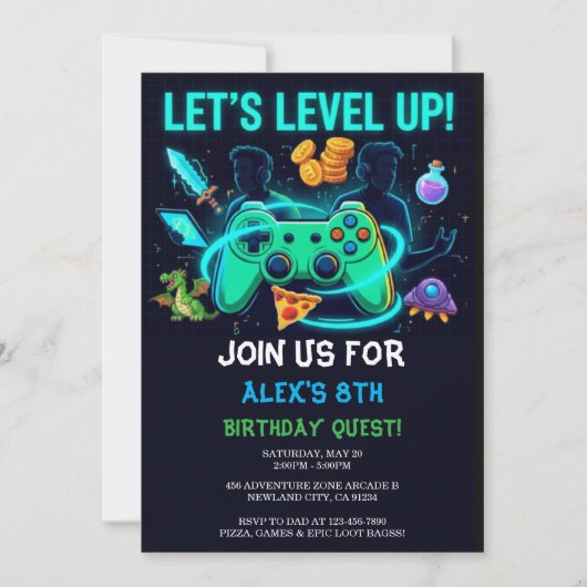 Neon Gamer Birthday Invitation Editable Template 招待状 (正面)