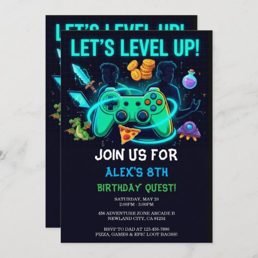 Neon Gamer Birthday Invitation Editable Template 招待状 (正面/裏面)