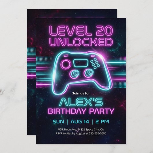 Neon Gamer Birthday Invitation Game for Teen Boy  招待状 (正面/裏面)