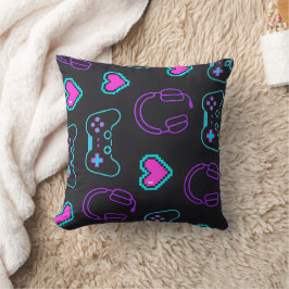 Neon Gamer Controller and Hearts Pattern クッション
