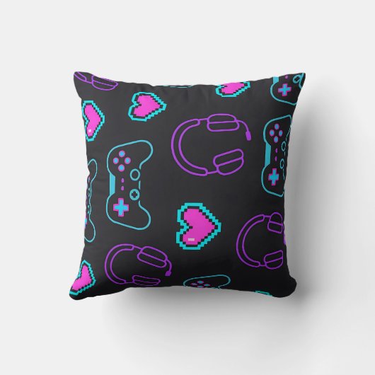 Neon Gamer Controller and Hearts Pattern クッション (裏面)