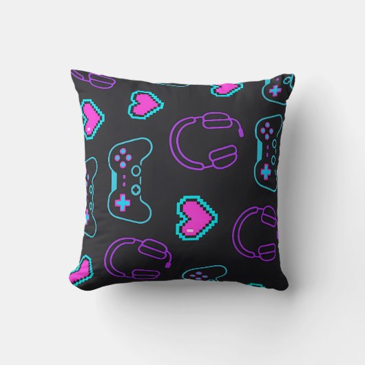 Neon Gamer Controller and Hearts Pattern クッション (正面)
