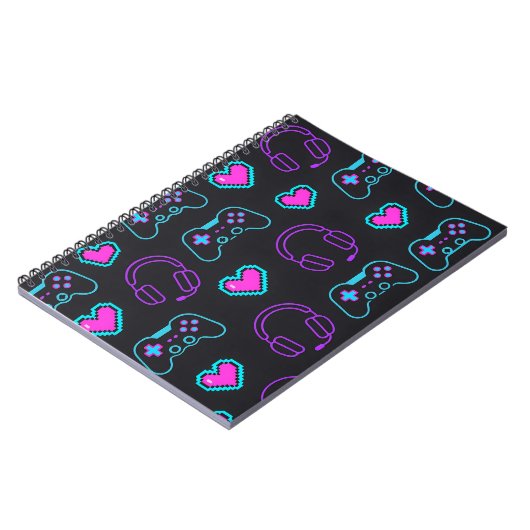 Neon Gamer Controller and Hearts Pattern ノートブック (左側)
