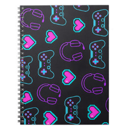 Neon Gamer Controller and Hearts Pattern ノートブック