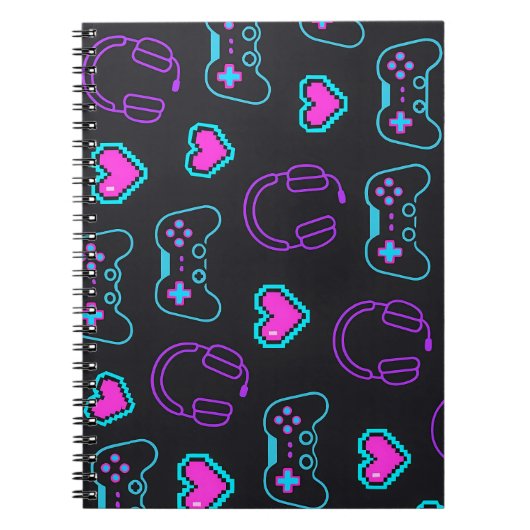 Neon Gamer Controller and Hearts Pattern ノートブック (正面)
