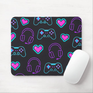 Neon Gamer Controller and Hearts Pattern マウスパッド