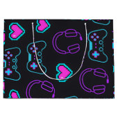 Neon Gamer Controller and Hearts Pattern ラージペーパーバッグ (正面)