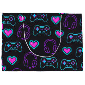 Neon Gamer Controller and Hearts Pattern ラージペーパーバッグ (裏面)