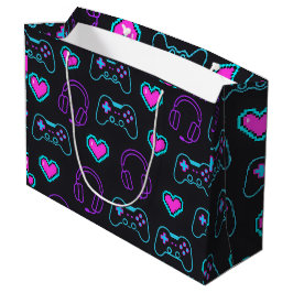 Neon Gamer Controller and Hearts Pattern ラージペーパーバッグ
