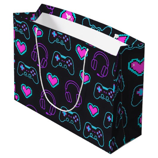 Neon Gamer Controller and Hearts Pattern ラージペーパーバッグ (裏面アングル)