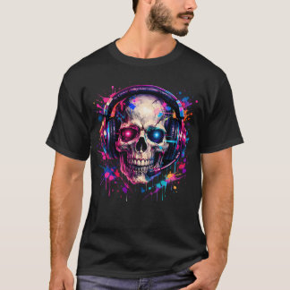 Neon Gamer Skull Graffiti Paint Splatter T-Shirt Tシャツ