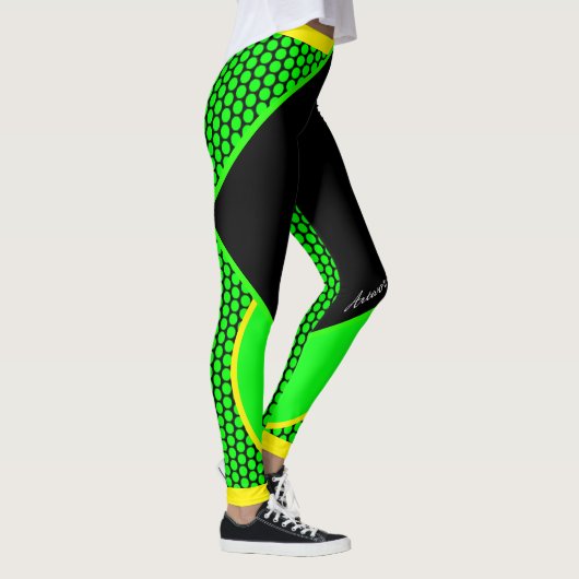 Neon Gelb Schwarz Grüne Punkte Streifen Leggings レギンス (右)