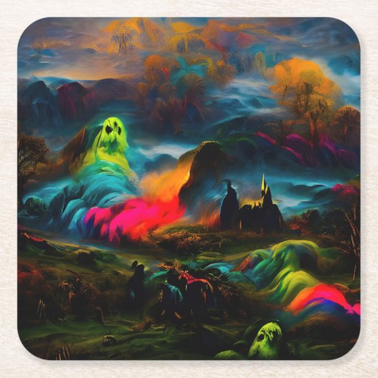 Neon Ghosts in a Haunted Fantasy Landscape スクエアペーパーコースター (正面)