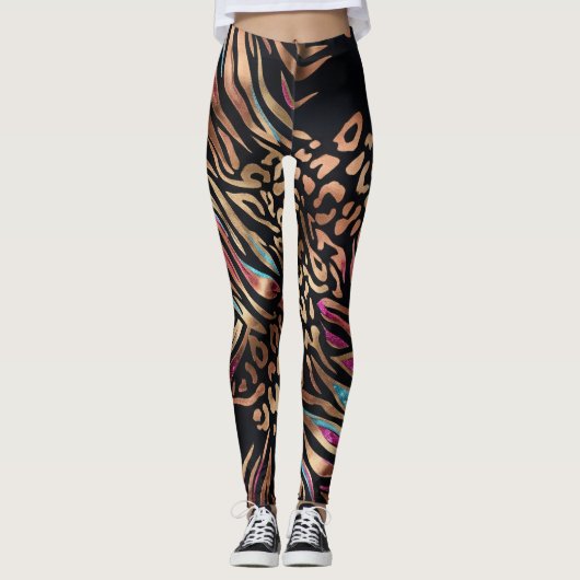Neon Glam Animal Mix Tiger Leopard Pattern レギンス (正面)