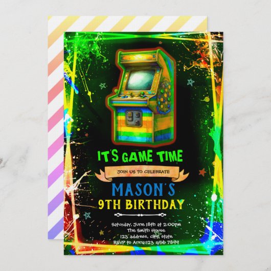 Neon glow arcade birthday invitation 招待状 (正面/裏面)