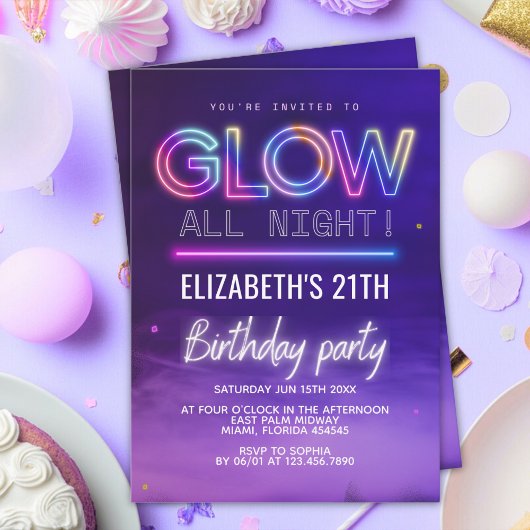 Neon Glow Birthday Party – Glow All Night Theme 招待状