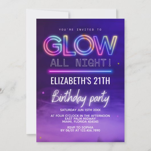 Neon Glow Birthday Party – Glow All Night Theme 招待状 (正面)