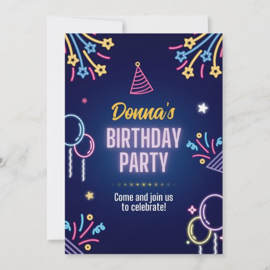 Neon Glow Birthday Party Invitation for Her 招待状 (裏面)