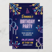 Neon Glow Birthday Party Invitation for Her 招待状 (正面/裏面)