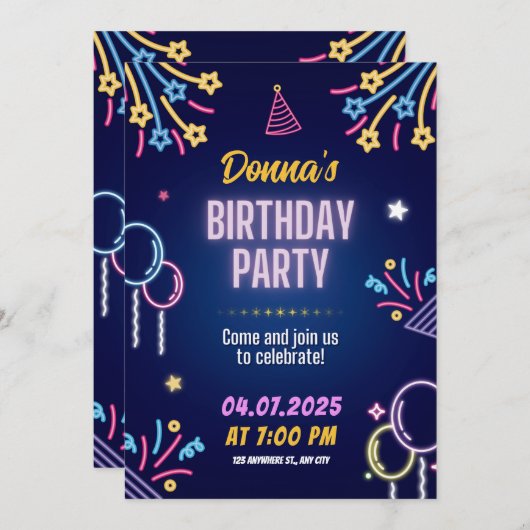 Neon Glow Birthday Party Invitation for Her 招待状 (正面/裏面)