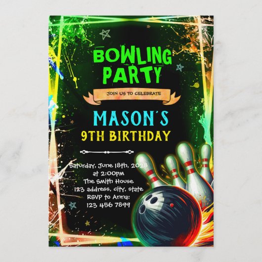 Neon glow bowling boy theme invitation 招待状 (正面)