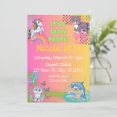 Neon Glow Cute Animal Girly birthday party 招待状 (スタンド正面)