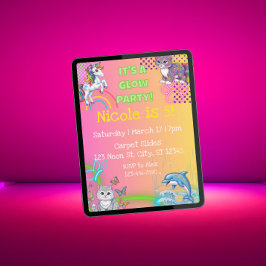 Neon Glow Cute Animal Girly birthday party 招待状