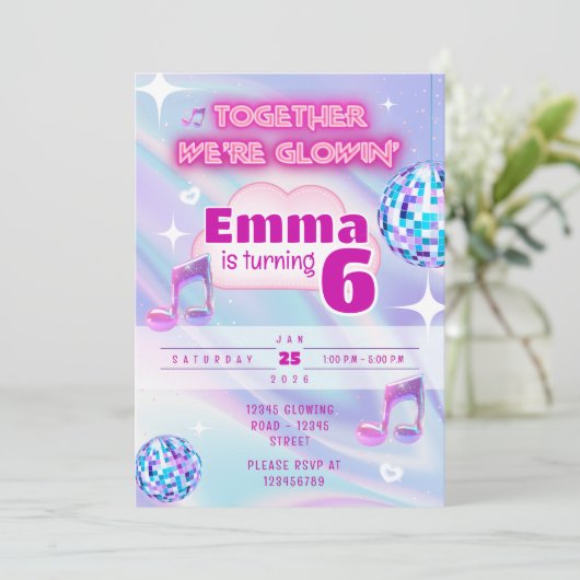 Neon Glow Dance Birthday Invitation | Pastel Disco 招待状 (スタンド正面)