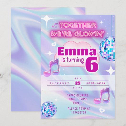 Neon Glow Dance Birthday Invitation | Pastel Disco 招待状 (正面/裏面)