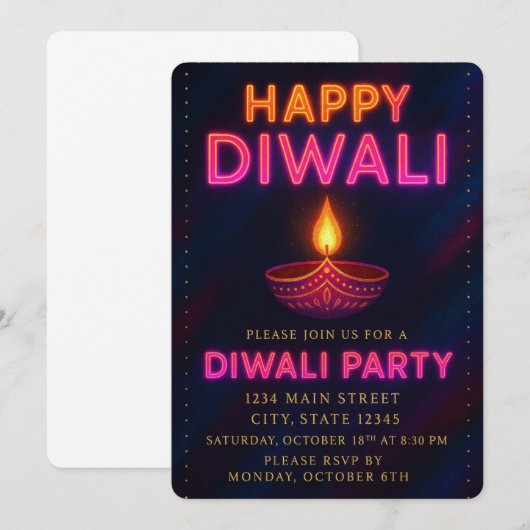 Neon Glow Diya with Script Happy Diwali Party 招待状 (正面/裏面)