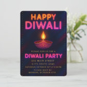 Neon Glow Diya with Script Happy Diwali Party 招待状 (スタンド正面)