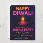 Neon Glow Diya with Script Happy Diwali Party 招待状 (正面)