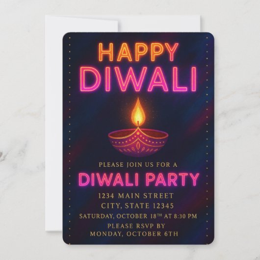 Neon Glow Diya with Script Happy Diwali Party 招待状 (正面)