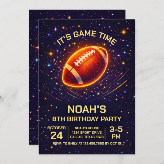 Neon Glow Football Birthday Invitation 招待状 (正面/裏面)