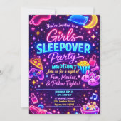 Neon Glow Girls Sleepover Party Night Slumber 招待状 (正面)
