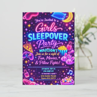 Neon Glow Girls Sleepover Party Night Slumber 招待状